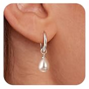 Pearl Dangle Earrings for Women, Silver Plated Small Pearl Drop Huggie Hoop Earrings, Hypoallergenic Dainty Silver Earrings Wedding Jewelry Gifts for Women Trendy