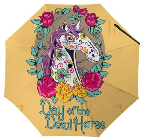 YBQLNP Regenschirm Sturmfest Rosen-Totenkopf Pferd Automatik Taschenschirm Mit Schirmtasche Uv Faltbarer Regenschirm