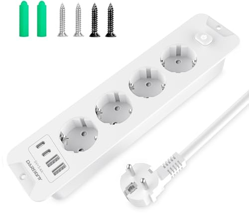 Infällbart uttag med 2 USB C, 4-vägs grenuttag, infällt uttag, 4 000 W, 16 A, infällt bordsuttag för bänkskiva, bordsskiva, multiuttag med 4 USB-kontaktremsor, 2 m