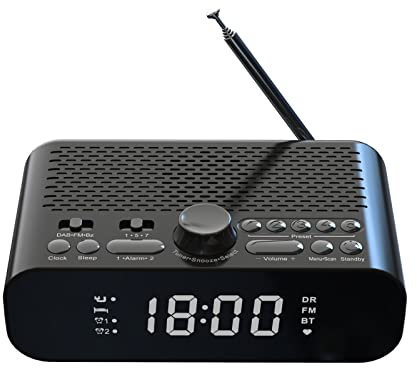 YIWEOG Radio-réveil numérique Dab/FM de Chevet avec Lecture en continu BT, écran LED géant, Double Alarme, Batterie Rechargeable Longue durée, Haut-Parleur Hi-FI avec woofer