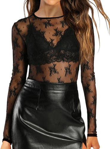 IECCP Womens Mesh Sexy Tops Sheer Black Lace Long Sleeve Top Crew Neck Sexy See Through T-Shirt Lace Top for Party Club Black Print L
