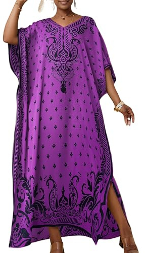 Bsubseach Ethnic Kaftan Dresses for Women Plus Size Beach Cover Up Short Sleeve Beach Dress Caftan Loungewear Purple