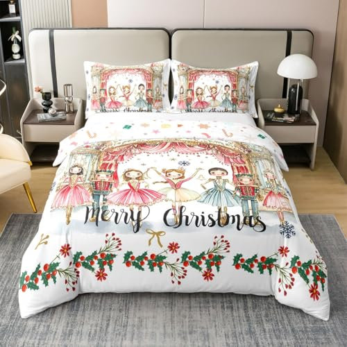Loussiesd Christmas Nutcracker Comforter Cover Set King Size Ballet Nutcracker Bedding Set for Children Prince Bedding 100% Cotton Duvet Cover Set Room Decor Xmas Cartoon Bedspread Cover 3Pcs