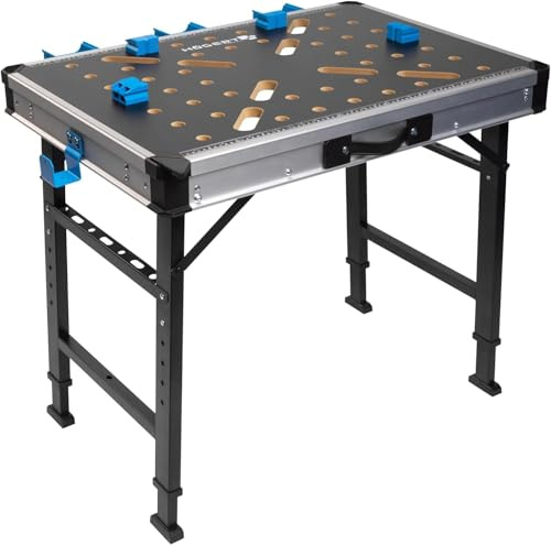 HÖGERT TECHNIK – Tavolo da officina pieghevole 845 x 598 x 735 – 885 mm con pannello MDF, regolazione in altezza a 6 livelli, 3 scatole, portata 450 kg e accessori di collegamento