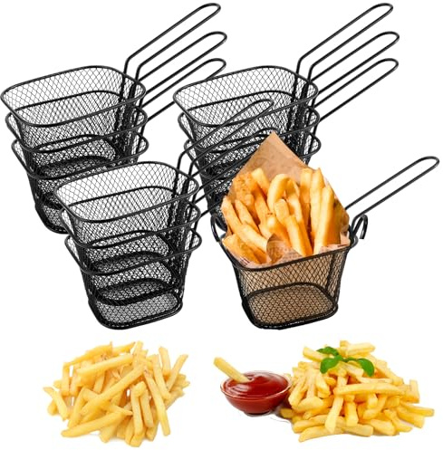 LOLYSIC Panier Fondue Chinoise et Friture Lot de 10 Paniers Noirs avec Poignée Longue Idéal pour Restauration Rapide, Frites et Crevettes, Noir