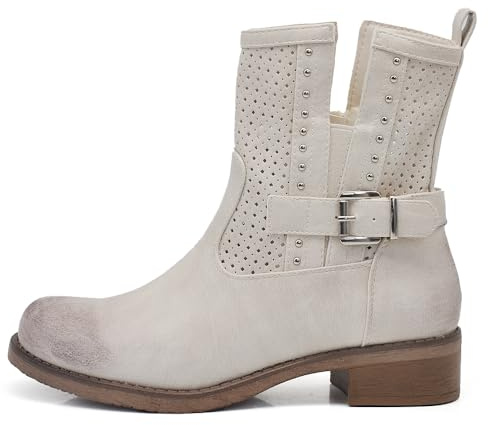 IF Fashion Stivali Stivaletti Biker Motociclista da Donna Traforato Con Fibbie Borchie Primaverili Estivi Pelle Sintetica G677 Beige N.40