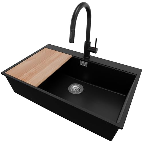 PRIMAGRAN Lavandino da Cucina al Mobile 80cm + Rubinetto, 78x50cm | Set: Rubinetto BW9010 + Kit di scarico + Tagliere + Lavello in Granito a 1 Vasca - Oslo Top, Nero