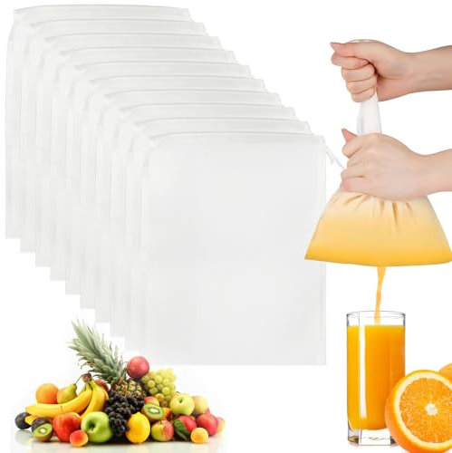 Pavlleen 10 Piezas Bolsa de Leche de Nuez Reutilizable 20×30cm Paño de Malla Fina con Cordón, Cheese Cloth de Nailon y Algodón, Estameña para Queso, Zumo de Frutas, Café, Verduras