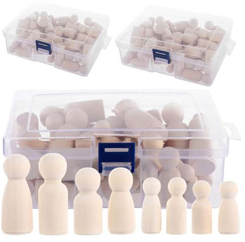 LOLYSIC 150Pcs Wooden Peg Dolls, 4 Sizes Wooden People Shaped Dolls with Storage Box, Unfinished Wood People Figures for DIY Painting Craft Art Decoration Projects, 33/43/53/65mm