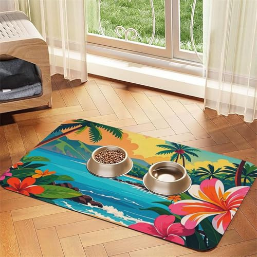 Hello Hawaii Hundefuttermatten für Böden, 40,6 x 61 cm, rutschfeste, super saugfähige Haustierfuttermatte, Geschirrspüler-Hundematte für Futter und Wasser, niedlich, Gummi, schnell trocknend
