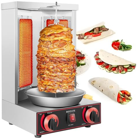 Parrilla para Shawarma, 122°F-572°F, Capacidad de 17lbs, Para Pollo Shawarma con 2 Quemadores, Acero Inoxidable, Asador Vertical a Gas Propano, Horno Gyro, Ideal para Cocinas Domésticas,220V