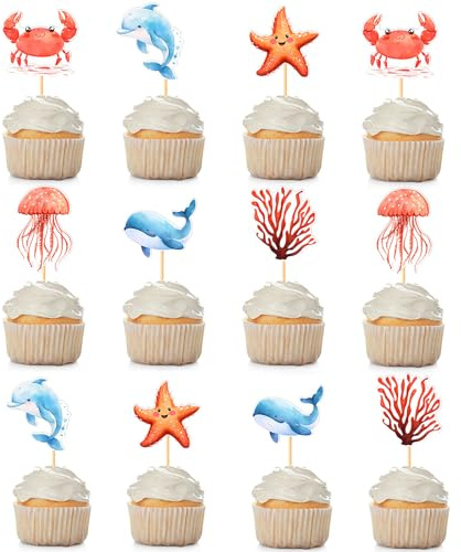 Gleemix Meerestiere Deko Cupcake Toppers Dekoration, Geburtstag Tortendeko | 12 Pcs Tortendeko Meer, Unterwasser Deko Kindergeburtstag, Meerestiere Tortendeko Taufe Geburtstag Babyparty Ozean Themen