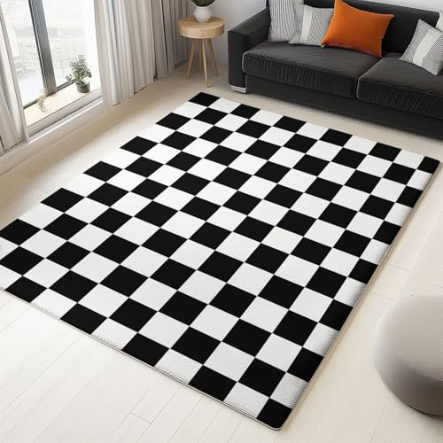 Tappeto lavabile antiscivolo geometrico quadrato griglia, 120 x 170 cm, tappeto camera da letto a pelo alto, zerbino interno per soggiorno, camera dei bambini, sala da pranzo, nero bianco