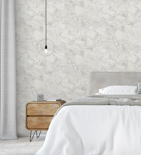 GAULAN 683294 - Papel pintado vinílico de piedra natural texturizada estilo rústico en tonos blancos y grises para pared salón cocina baño dormitorio - Rollo de 10 m x 0,53 m