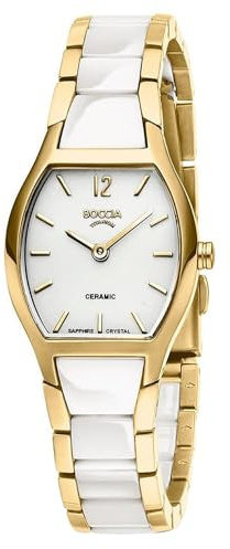Boccia Titanium Damenuhr 3361-03 Titan Keramik Bicolor 23 mm mit weißem Zifferblatt, Quarz Armbanduhr mit Titan Keramikband Gold weiß, Saphirglas, wasserdicht 5 bar