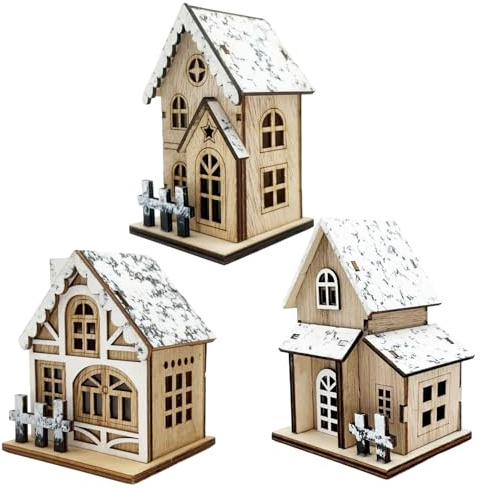 Muzrunq Casette Natalizie, Set da 3 Pezzi, con Tetto in Legno e luci, Villaggio Natalizio per centrotavola Natalizi, Decorazioni per la casa.