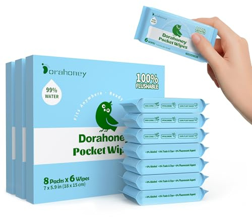 Dorahoney Lingettes Humides Toilette Format Voyage, 99% d’Eau – Sans Parfum & Hypoallergéniques – Fibres Végétales – Peaux Sensibles – Adultes, Enfants & Bébés – Lot de 24 (144 Lingettes)