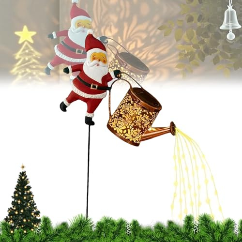 Regadera solar navideña con forma de tetera, ideal for decorar el jardín o el césped. Regadera colgante de metal con forma de Papá Noel y luz LED. Perfecta for decorar el patio en Navidad.(1Pc B)