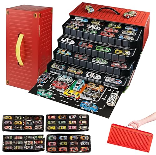 48 Stück Rückziehauto Metall Zurückziehen Auto, Mini Spielzeugautos mit Integriertem Garagenset, Aufziehauto mit Ausklappbarer Rennkarte, Pull Back Autos für Auto-Sammelpartys, Gastgeschenke (Rot)