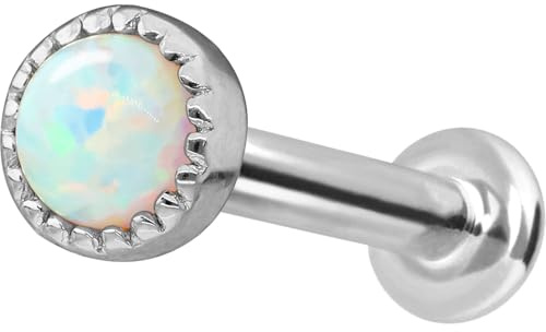 PIERCINGLINE Gold Ohr-Piercing Labret mit Innengewinde SYNTH. OPAL 14 KARAT Weißgold (rhodiniert) 1 x 7 mm