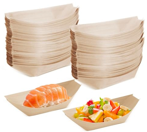Megcdtr 100 Stück Fingerfood Schalen, Einweg Holzschale für Fingerfood, Einweg Naturbelassen, Currywurst Schale, Pommesschalen, Schiffchen Snackschalen für Pommes Chips Snacks Dessert Salat Party