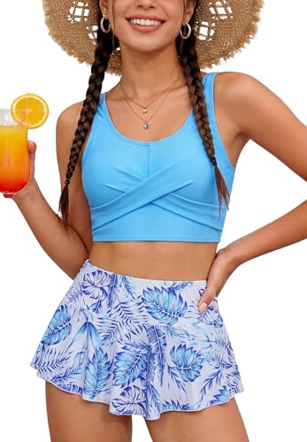 SEAUR Set Bikini per Ragazze Adolescenti Due Pezzi Costume Da Bagno Imbottito Slip del Bikini con Gonna Stampata Moda Mare Bambini 9-16 Anni, Blu, 9-10 Anni
