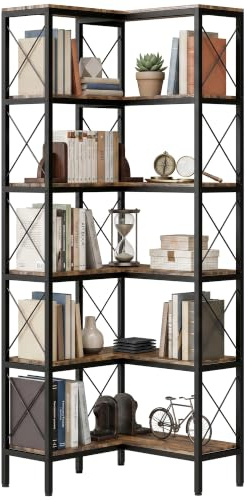 HOMCOM 5-Tier Corner Bookshelf, L-Shaped Unit, 60x 60x167 cm, Rustic Brown | Bookcase, Freestanding Display Shelf, Metal Frame, Living Room, Home Office, Bedroom
