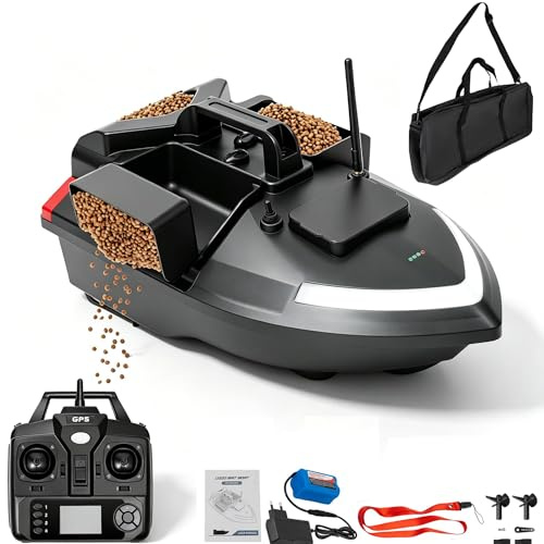 Oxylonty Esca da pesca BootGPS, barca da 500 m, con 3 scatole, batteria da 12000 mAh, telecomando pesca, GPS, pesca notturna, luce di ricerca a LED, colore nero