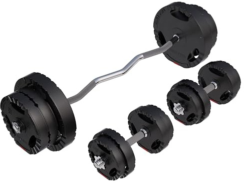 Gorilla Sports® Set Bilanciere e Dischi con Manubri - 70 kg, Regolabili, Carico Barra Ez in Ghisa: 120kg, Dischi in Plastica: Ø30/31mm, Collari Spinlock - Sbarra Curl, Barbell Curvo