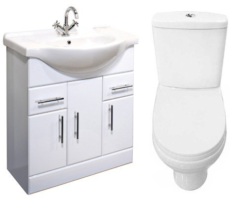 2 Piece Toilet & Basin Set Gloss White Vanity Sink Unit Bathroom Furniture Suite