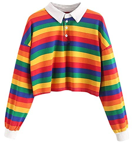 Topgrowth Felpa Donna con Zip Maniche Lunghe Strisce Arcobaleno Crop Top Dolcevita Elastico Casual Maglietta Camicetta
