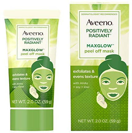 Aveeno Positively Radiant MaxGlow Peel Off Exfoliating Face Mask with Alpha Hydroxy Acids, Moisture Rich Soy & Kiwi Complex for Even Tone & Texture, Non-Comedogenic, Paraben- & Phthalate-Free, 2.0 oz