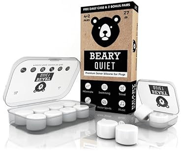 Beary Quiet Ear Plugs for Sleeping, 27dB Noice Cancelling, Reusebale, Comfortable and Customisable Earplugs for Sleep, Travel, Studying, Swimming, Moldable Waterproof Silicon Wax Plug