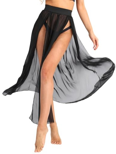 FEESHOW Damen Strandrock Lang Transparent Strandkleider Bikini Badeanzug Vertuschung Wickeltuch Mit Schlitz Strandmode Schwarz M