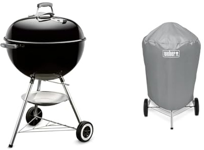 Weber 1341504 Holzkohlegrill Classic Kettle, 57 cm Durchmesser, schwarz + Grill-Abdeckhaube für Holzkohlegrills mit einem Durchmesser von 57 cm, Grau