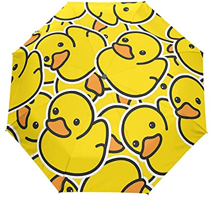 Yellow Rubber Ducks Auto Open/Close Folding Umbrella, Strong Lightweight Travel Rain Umbrella, Portable Automatic Compact Sun Parasol with UV Protection