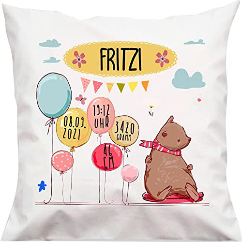 Kleckerliese Baby Kinder Kissen Personalisiert Kissenhülle Tiere Bär Balon Wolken Name Geburt Datum Uhrzeit Gewicht, 40x40 cm Farbe Weiß
