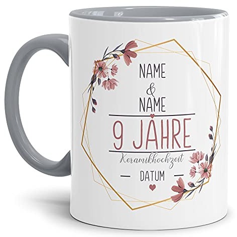 Tasse zum Hochzeitstag Keramik Hochzeit - mit Name & Datum selbst gestalten - 9 Jahre Ehe, Paar, Geschenk Hochzeit, Jubiläum, Jahrestag I Personalisiert, Keramik Innen & Henkel Grau 300 ml