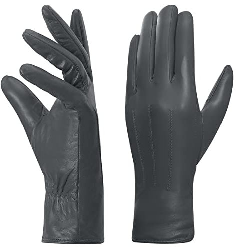 Harssidanzar Damen Lederhandschuhe, Winter Warm Fleecefutter Touchscreen Vintage Finished GL018EU,Grau,Größe XL