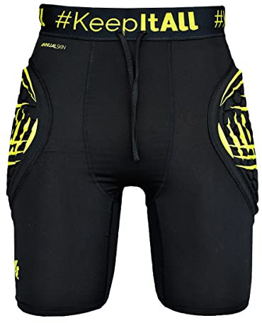 KEEPERsport - Pantaloncini da portiere imbottiti – Pantaloni protettivi corti per portiere – Taglia 128-XXL – Nero, nero e giallo, imbottitura resistente, XL