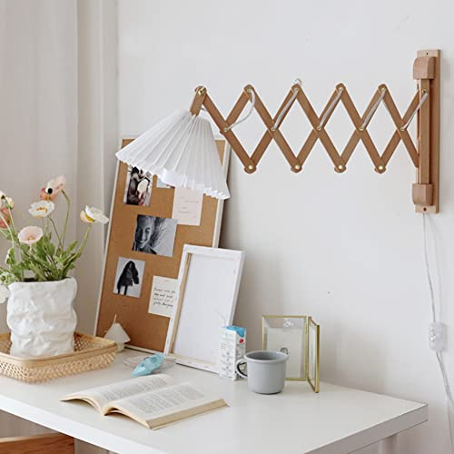 LOGT Wandlampe Innen Holz Vintage Mit Schalter Und Stecker E27 Ausziehbare Wandleuchte Mit Kabel 2.5M Scherenlampe Retro Wandleselampen Verstellbar Schlafzimmer Nachttischlampe Mit Stoffschirm