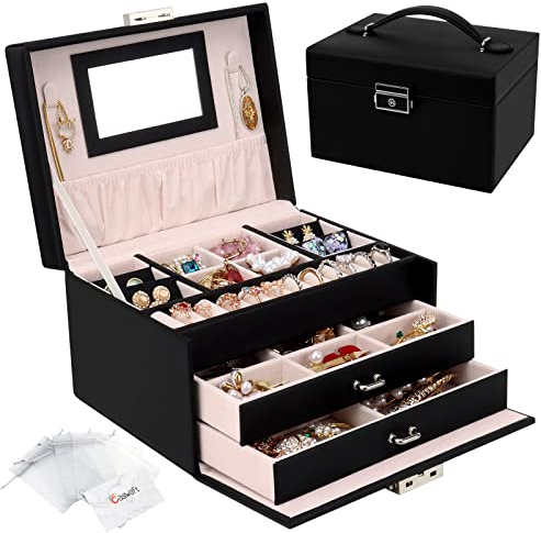 Schmuckkasten, Schmuckkästchen mit Schubladen für Damen Mädchen, PU-Leder Schmuckbox Schmuckschatulle Groß Schmuck Organizer für Ringe Ohrringe Armbänder Halsketten, Schwarz