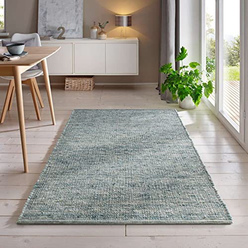 Handweb-Teppich aus Schurwolle in Skandinavischem Landhaus Design in vielen aktuellen Farben für Wohnzimmer, Esszimmer, Schlafzimmer, Flur, auch als Läufer beidseitig verwendbar grün 140x200 cm
