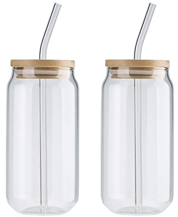 Liuyoyo 2 tazas de vidrio con tapas de bambú y pajitas de vidrio, vasos de bebida reutilizables de vidrio batido taza de cerveza vaso adecuado para té café helado