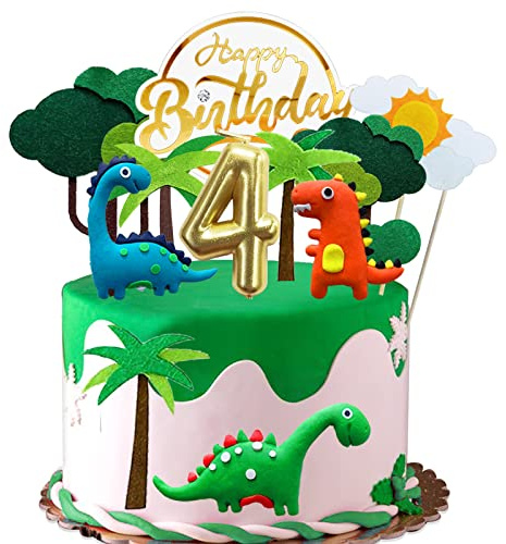 Dino Tortendeko 4 Jahre Junge Kinder, Kuchendeko Dinosaurier mit Geburtstagskerze 4, Happy Birthday Dinosaurier 4 Jahre