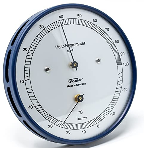 Fischer 111.48T, Haar-Hygrometer mit Thermometer, Glas, Edelstahl blau | Außen-Luftfeuchtigkeitsmesser, Messbereich 0-100 % r. F. und -25-45 °C, 103mm Durchmesser, Made in Germany