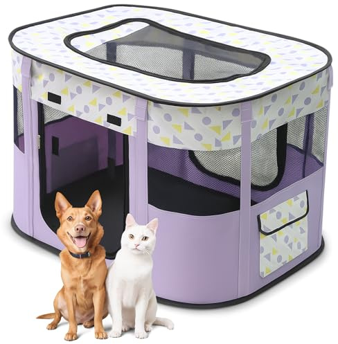 ALLSOPETS Parc à Chien Pliable pour Chiots et Chats, Points Violets, L | Enclos Chat Intérieur avec Maille Respirante, Cage pour Chien Portable pour Chiots, Chats, Lapins, Usage Intérieur Extérieur