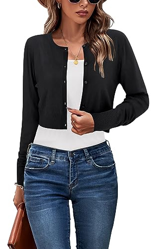 Newshows Cropped Cardigan Sweaters for Women 2025 Fall Business Crew Neck Button Down Open Front Lightweight Knit Bolero Shrug Sweater Tops(Black, Large)