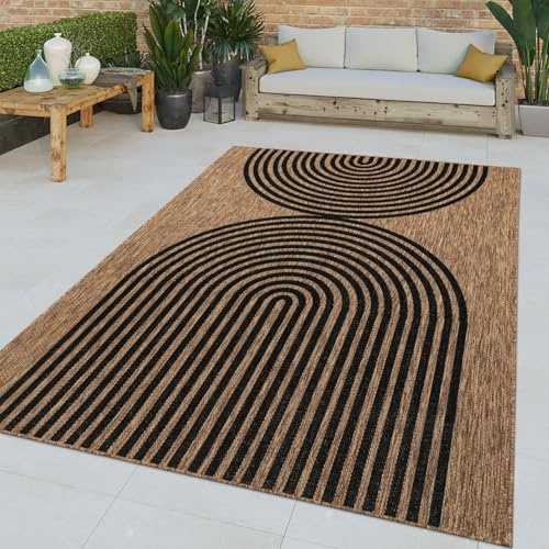 TT Home In-& Outdoor Teppich Wetterfest Balkon Flachgewebe Geometrischer Ethno Style, Farbe:Schwarz Braun, Größe:200x280 cm