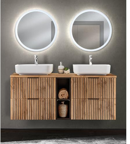 Lomadox Waschplatz Set Front Rillen schwarz 141 cm Doppelwaschtisch mit Regal Keramik Aufsatzwaschbecken Spiegel Beleuchtung anthrazit Eiche Nb. B/H/T 141/200/46,5 cm